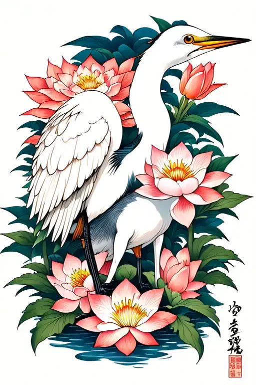 Egret with dog surrounded by lotus, hibiscus and tulips tattoo design idea