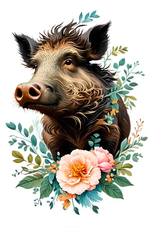 boar with feminine touches and flowers tattoo design idea