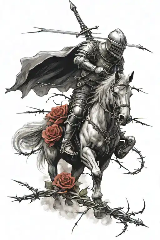knight with barbed wire with roses tattoo design idea