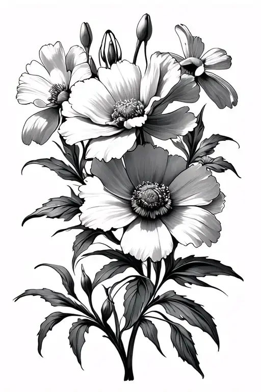 carnations and snowdrops and cosmos flowers tattoo design idea