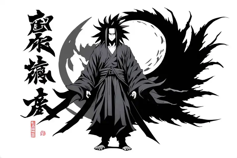 sage of six paths obito uchiha standing with a sharigan on his right and rinnegan on his left then ten tails behind him tattoo design idea