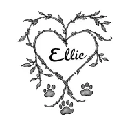 name Ellie tiny tattoo with vine heart over the I and 2 dog paw prints tattoo design idea