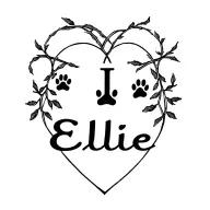 name Ellie tiny tattoo with vine heart over the I and 2 dog paw prints tattoo design idea