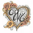 cursive text of letter c, m, y and j with heart in every middle of it tattoo design idea
