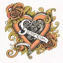 cursive text of letter c, m, y and j with heart in every middle of it tattoo design idea