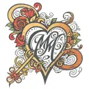 cursive text of letter c, m, y and j with heart in every middle of it tattoo design idea