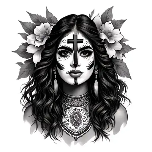 cross with Mexican lady with face paint tattoo design idea