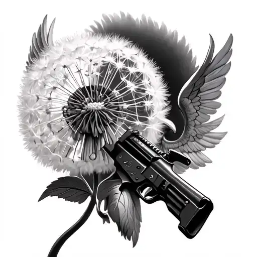 dandelion flower and the cherub shooting ak47 tattoo design idea