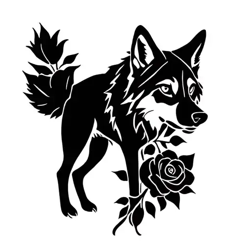 loup et roses stencil tattoo design idea