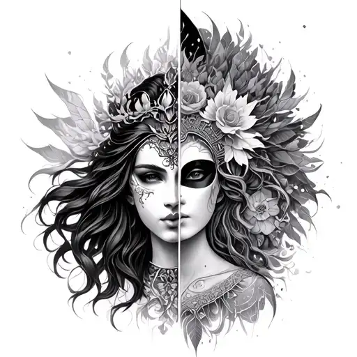 virgo maiden goddess with hanya mask split in half tattoo design idea