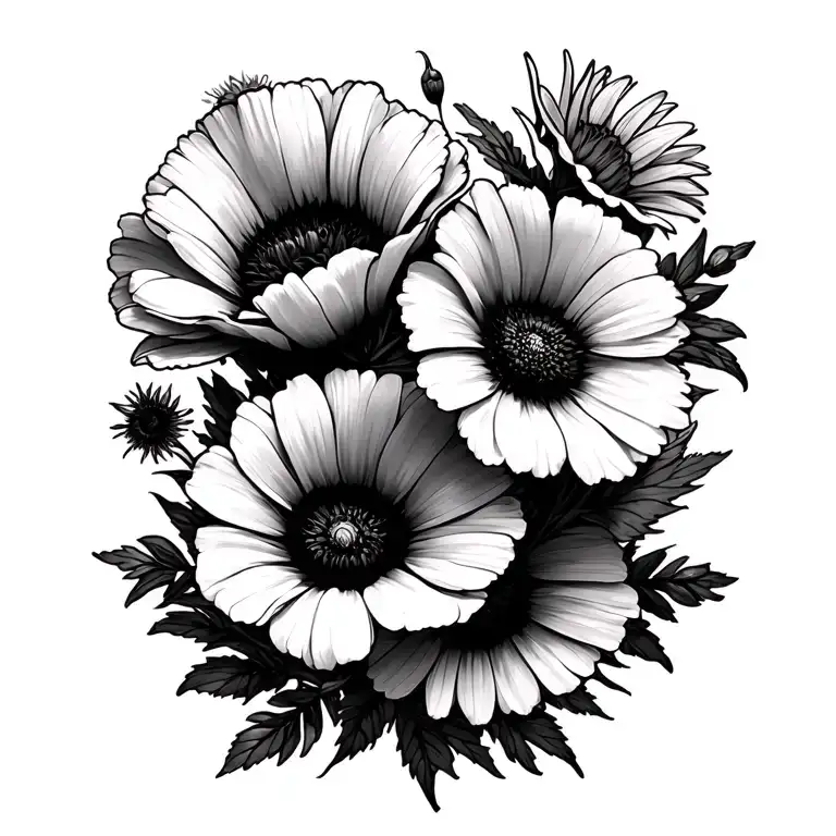 Poppy, Morning Glory daisy and chrysanthemum bouquet tattoo design idea