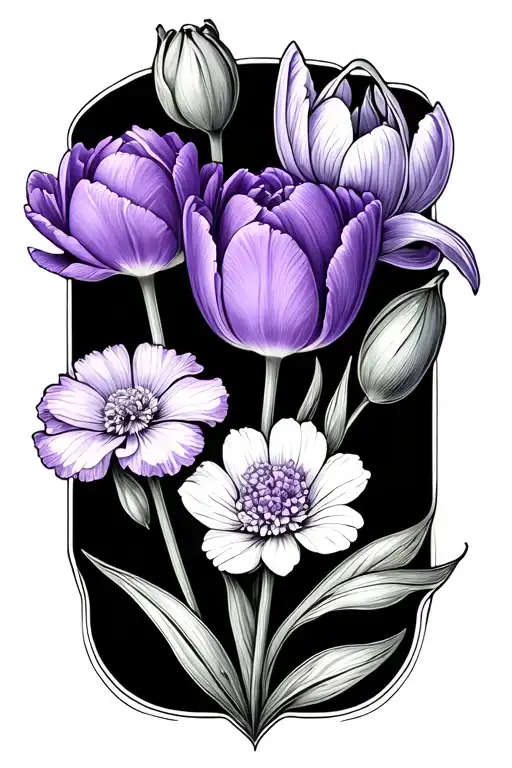 6 flowers: purple tulip, white snowdrop, violet, carnation, primrose, daffodil tattoo design idea