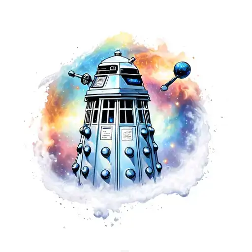 hand sleeve space color background with doctor who, tardis, dalek black realism tattoo design idea