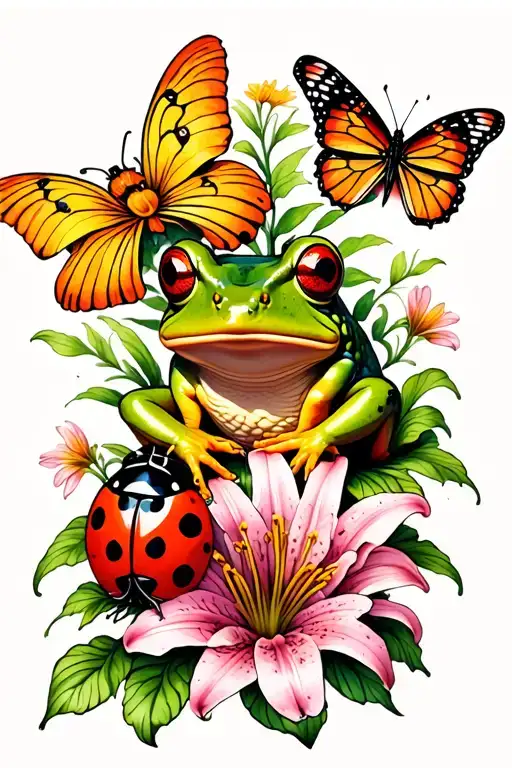 ladybug, lily, butterfly, and frog sitting tattoo design idea