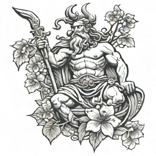 Virginia Beach King Neptune statue with cherry blossoms, orange blossoms, and buckeyes tattoo design idea