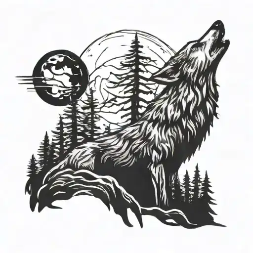 A majestic wolf howling at the moon in a dense forest setting tattoo design idea