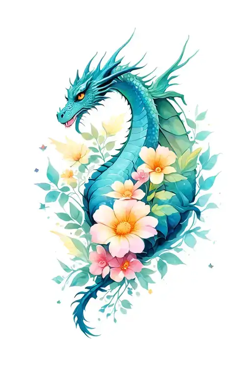 fantasy themed tattoo include flowers and dragons and fairy tattoo design idea