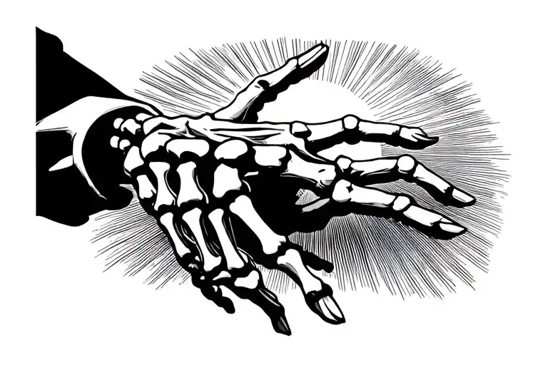 skeleton hand reaching for human hand with finger tips barely tounching with sun in background  tattoo design idea