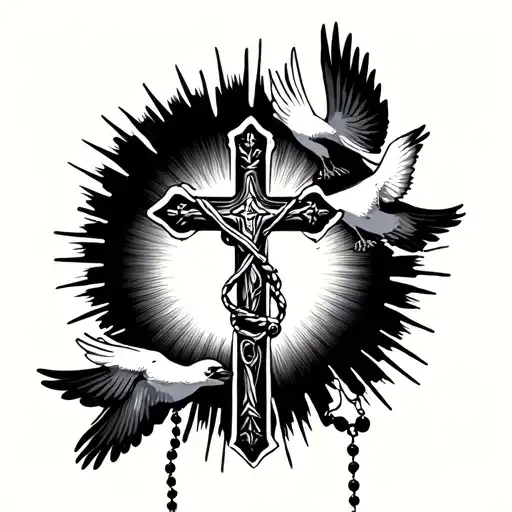 cross with rosary wrapped around with 2 doves and sun light striking behind the cross tattoo design idea
