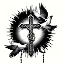 cross with rosary wrapped around with 2 doves and sun light striking behind the cross tattoo design idea