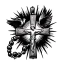 cross with rosary wrapped around with 2 doves and sun light striking behind the cross tattoo design idea