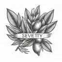 Tatto with olive branches and saying "seventy times seven" small and elegant fine line tattoo design idea