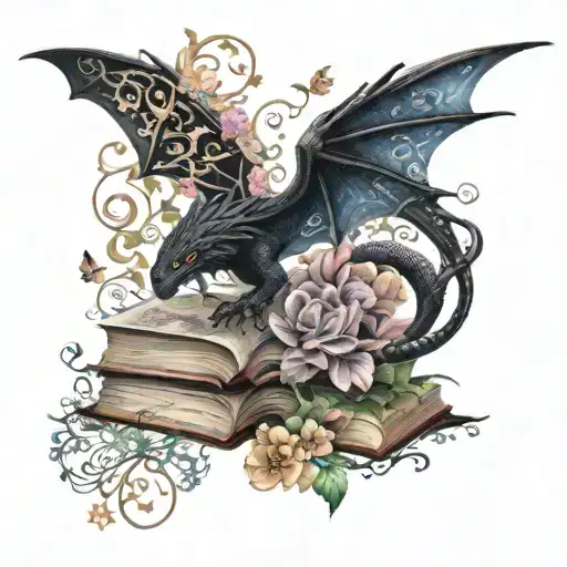 old books winged  black dragon, wind and stars,  word's, light & butterflies, flowers and leafy vines curling outward tattoo design idea