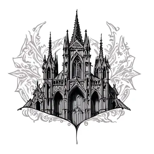 flat black tattoo design, inspired by European gothic architecture, intricate cathedral details, spires, arches, gargoyl tattoo design idea