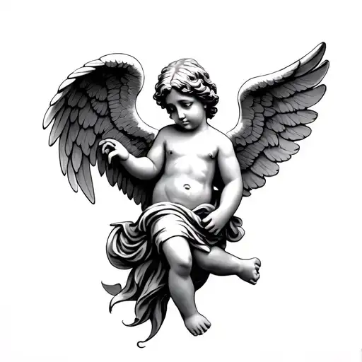 a black and white cherub angel spread out along the forearm traditional lines tattoo design idea