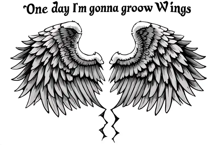 a pair of broken wings with the words "One day i'm gonna grow wings" above it tattoo design idea