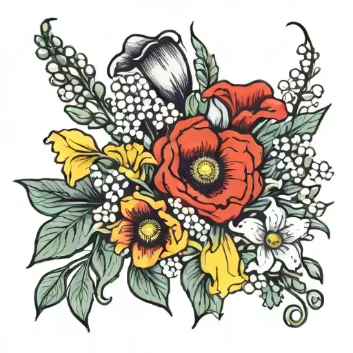 red Poppy flower, lily of the valley flower, yellow daffodils, and purple daisy flower bouquet  tattoo design idea