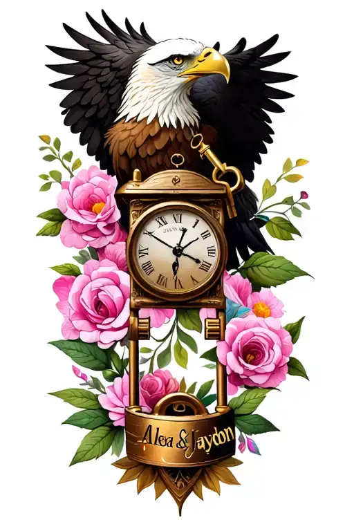 "Alexa & Jaydon" eagle represents protection of my kids with simpl fantasy elvish design inc lock and key and clock  tattoo design idea
