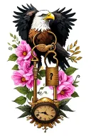 "Alexa & Jaydon" eagle represents protection of my kids with simpl fantasy elvish design inc lock and key and clock  tattoo design idea