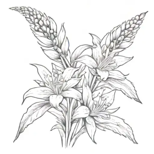 bluebonnet, edelweiss, lobster claw heliconia flower stalk tattoo design idea
