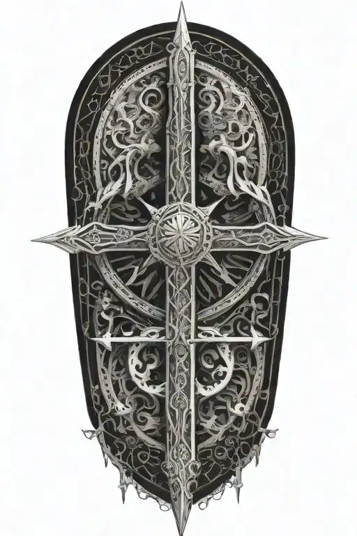 Enochian language script forming a powerful sword design, with Saint Michel's presence in the sky, in a blackwork style tattoo design idea