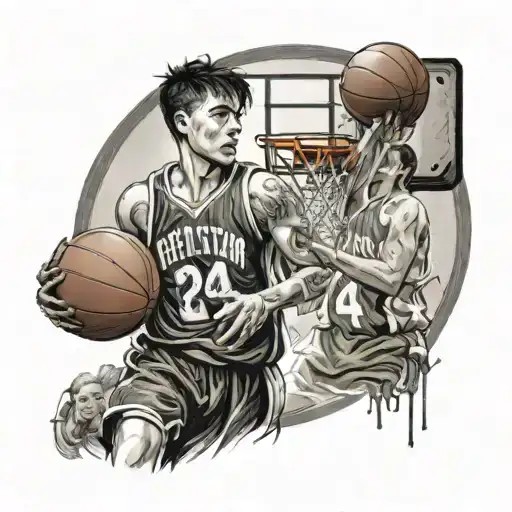 girl and boy playing basketball hoop, girl has number 8 jersey and boy has number 24 jersey. Boy is guarding girl  tattoo design idea