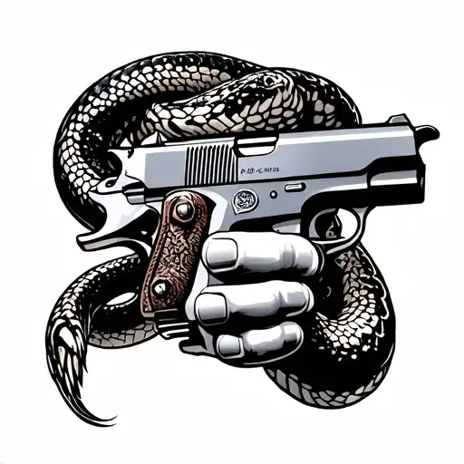 a snake rolling arm to hand with 1911 pistol tattoo design idea