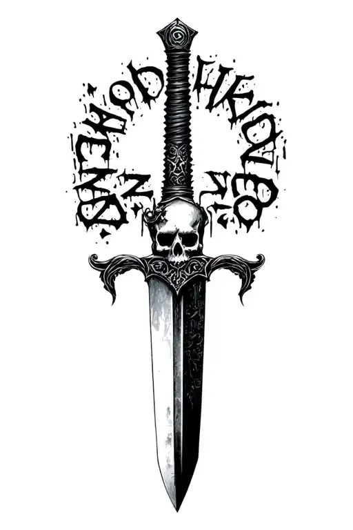 Sharp long dagger with runes shaded skull head text "afro" graffiti tattoo design idea