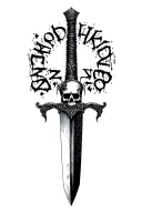 Sharp long dagger with runes shaded skull head text "afro" graffiti tattoo design idea
