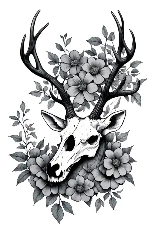 deer skull flowers growing tattoo design idea