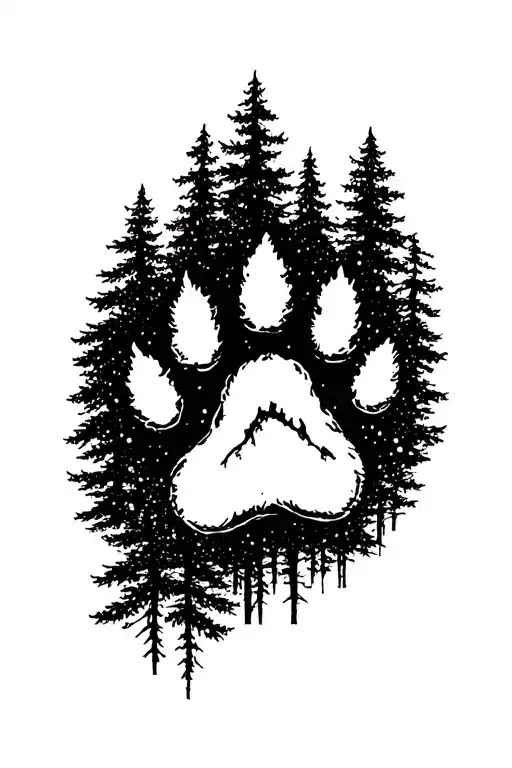 dog paw print surrounded by a forest tattoo design idea