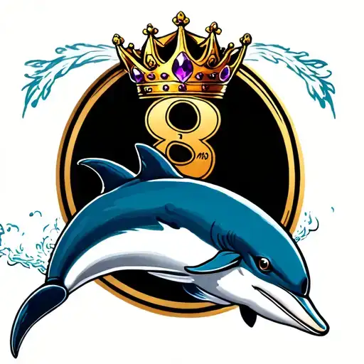 king dolphin wearing a crown with amethyst jewels jumping through a number 8 tattoo design idea