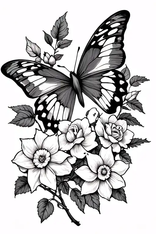 Tattoo going from collarbone to the shoulder and flowing down the arm of roses and daffodils all on a vine with butterfl tattoo design idea