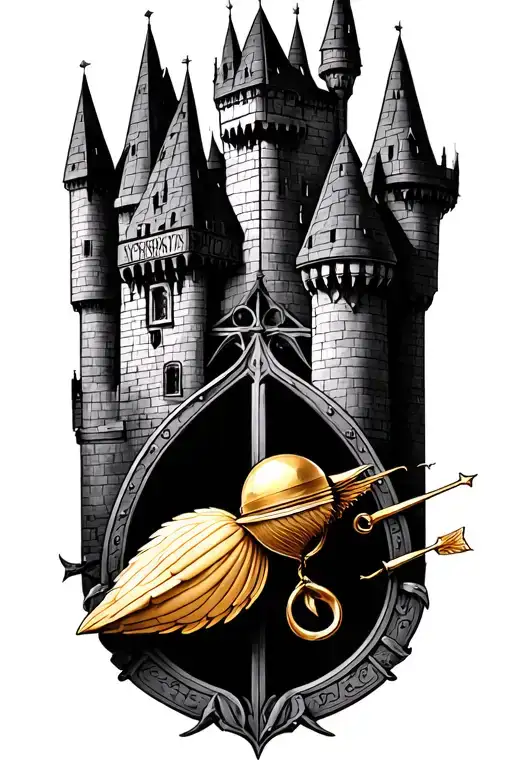 harry potter castle, deathly hallows, hogwarts emblem, howarts express, golden snitch tattoo design idea