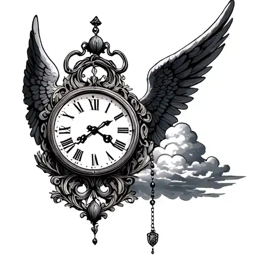 Angel wing, old clock, cloud, site of God, rosary for a birth first name Paloma tattoo design idea