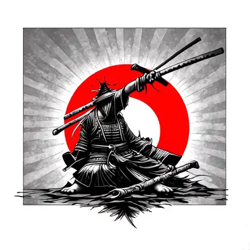 Black and white fade-out tattoo of a samurai committing seppuku inside the sun of the Japanese flag tattoo design idea