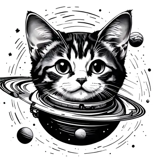 Astronaut Cat playing with planets orbiting tattoo design idea