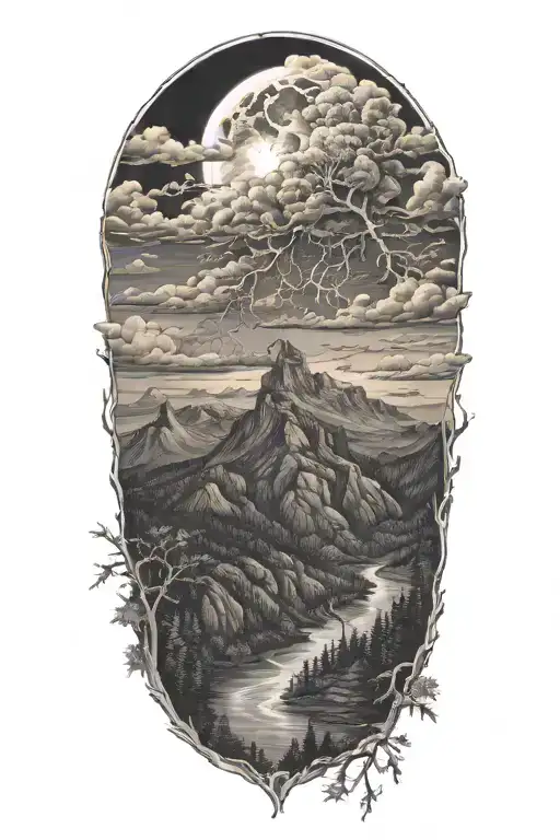 stormy night over mountains and trees tattoo design idea