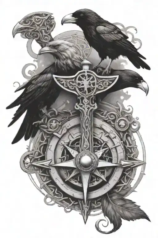 thors hammer and Odins ravens with a Viking compass tattoo design idea