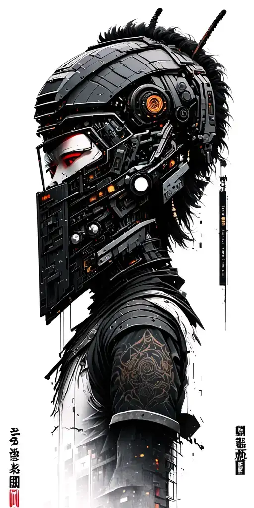japanese cybertech/cyberpunk artwork style, depicting a cyberpunk city with robotic samurai head tattoo design idea